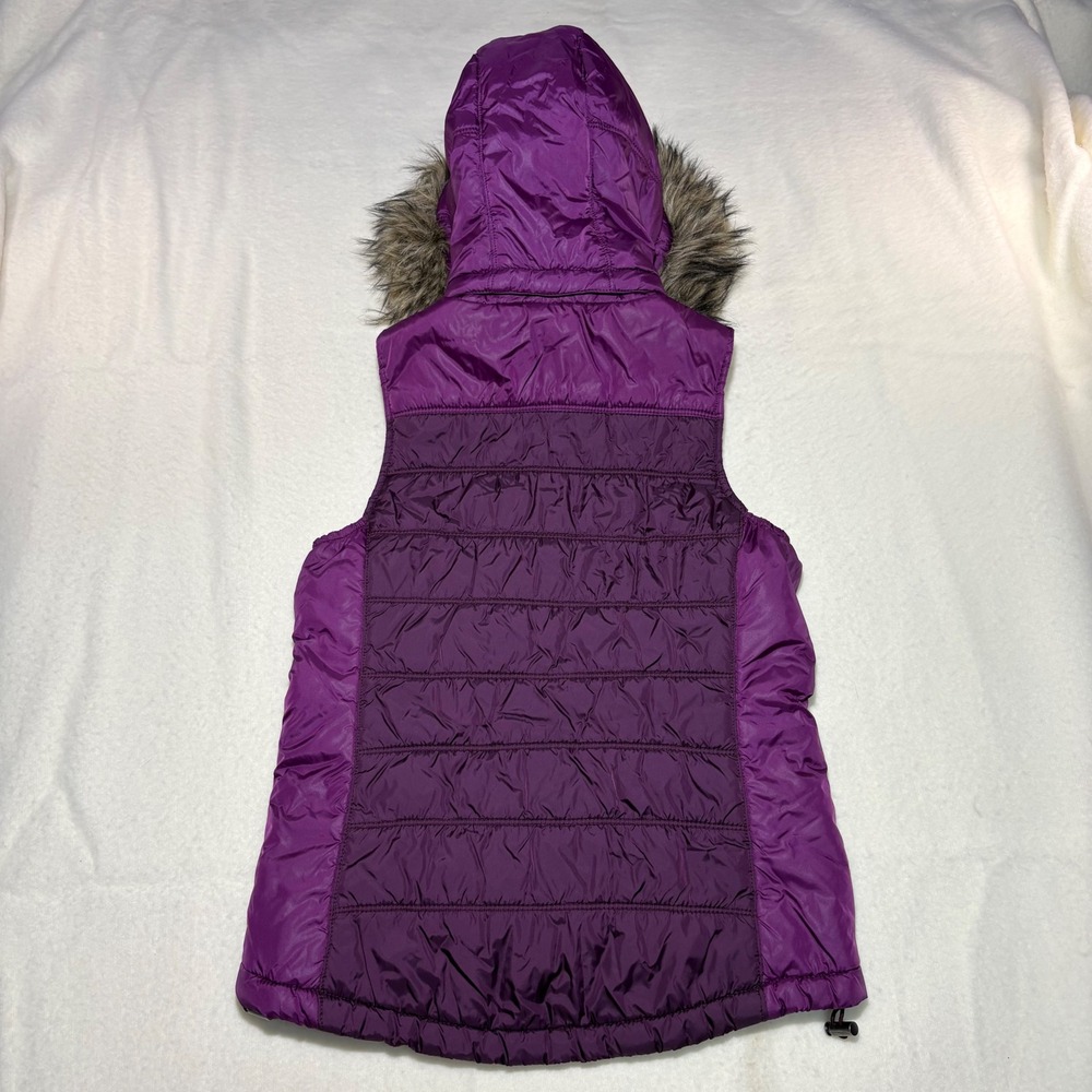 American Eagle Purple Puffer Vest Women Small Hooded Faux Fur Trim Quilted Zip - Picture 7 of 7